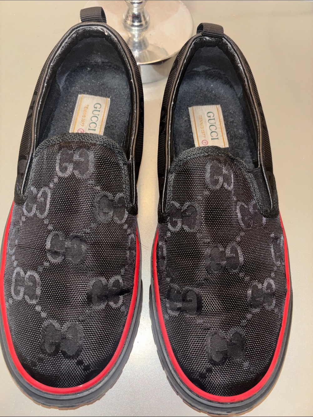 Gucci Black GG Canvas Slip-On Loafers with Red Trim